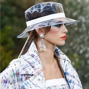 Chanel Runway CC Clear Rain PVC Clear Vinyl Wide-Brim Hat with Ivory Band
